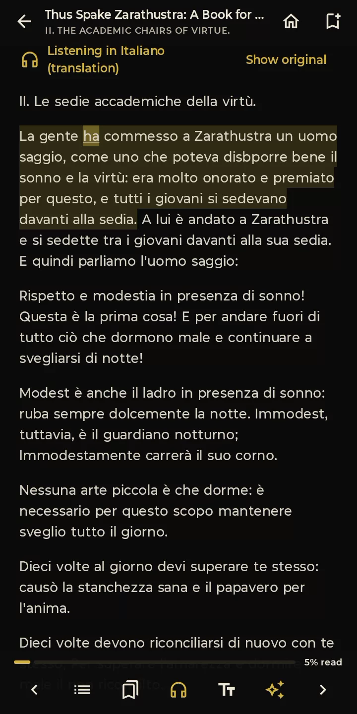 LIBRΛ reader: a translated book read aloud, with the current sentence highlighted
