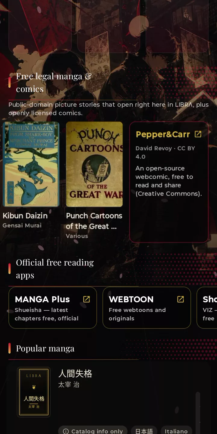 LIBRΛ Manga screen: free legal comics, official reading apps and popular manga